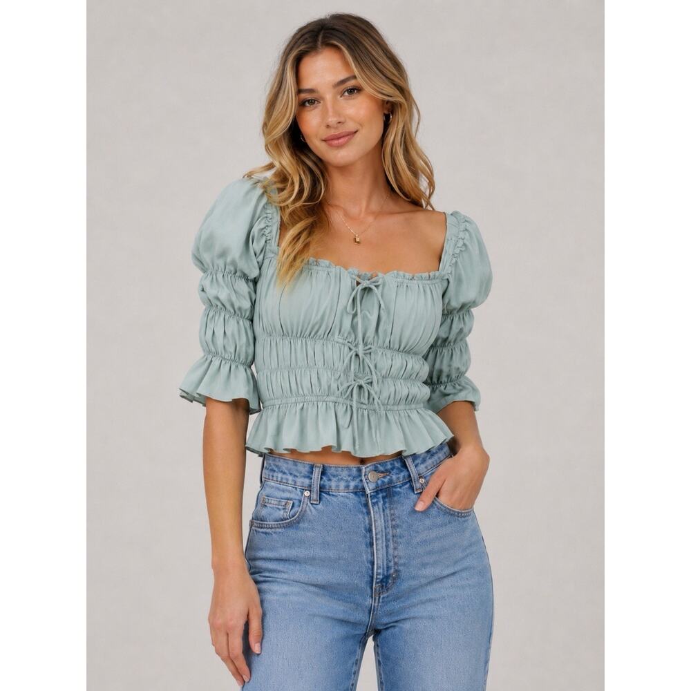 Lani The Label Allyson Top Green Smocked Puff Sleeve Blouse Cottagecore Romantic